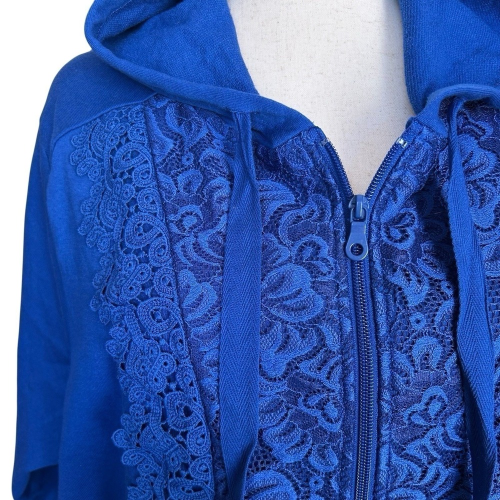 Roaman's Royal Blue Lace Jacket Tunic Long Sleeves Zip Hood Asymmetrical Hem 3X